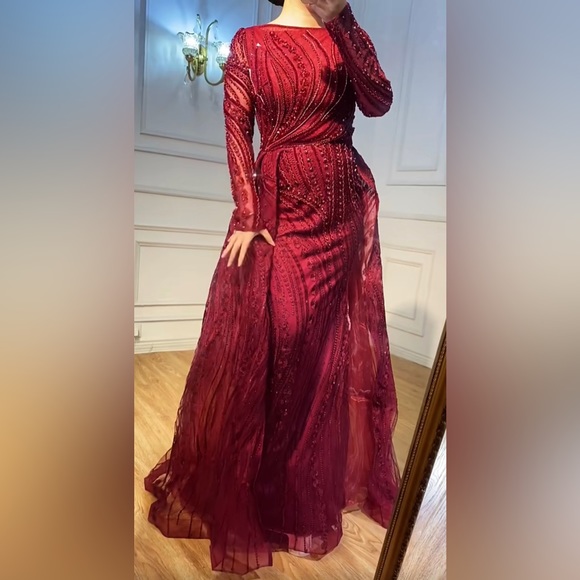 Modest Burgundy Gown with Overskirt - Picture 2 of 6